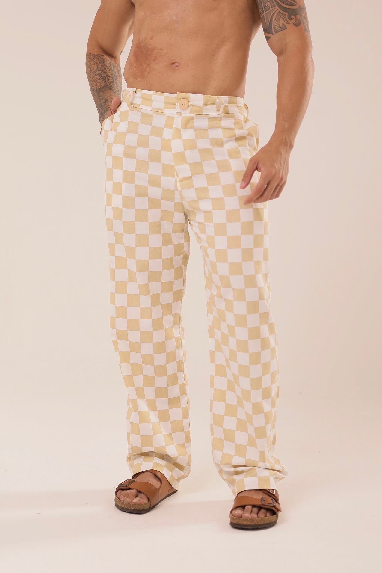 Calça Linho Alfaiataria de Grid Amarelaㅤ