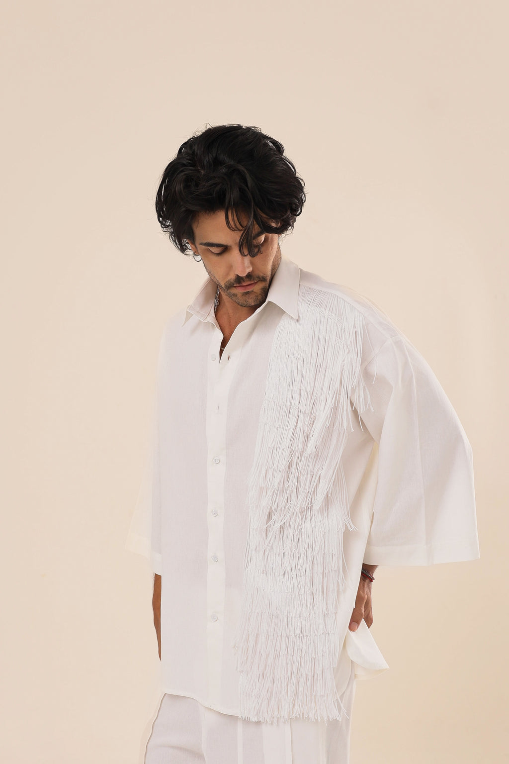 Camisa Linho Oversized Franjas Branca