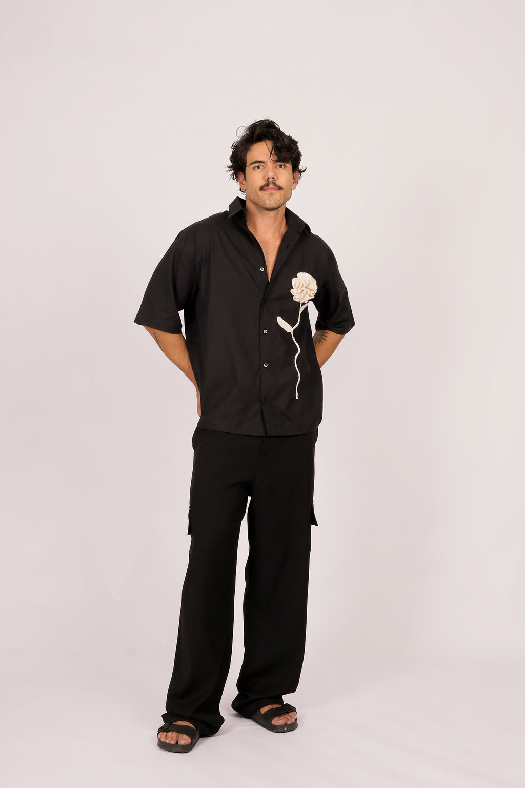Camisa Linho Rosa Crochê Preta