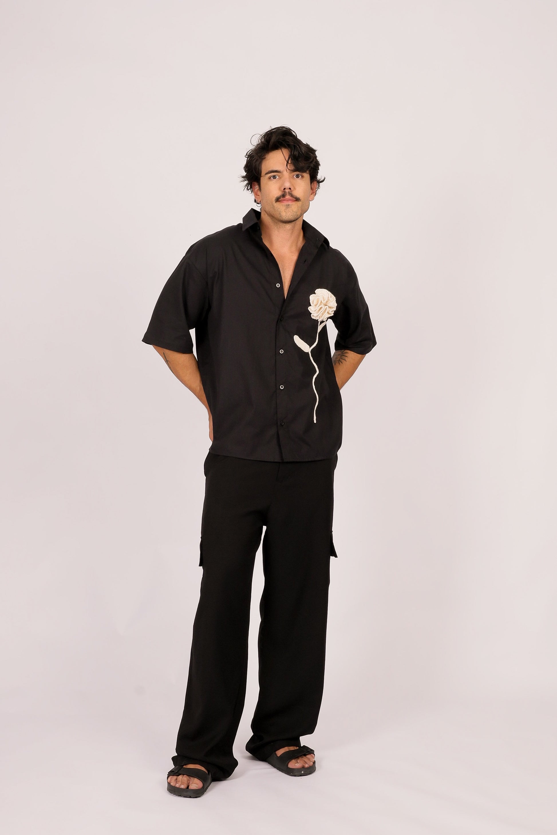 Camisa Linho Rosa Crochê Preta