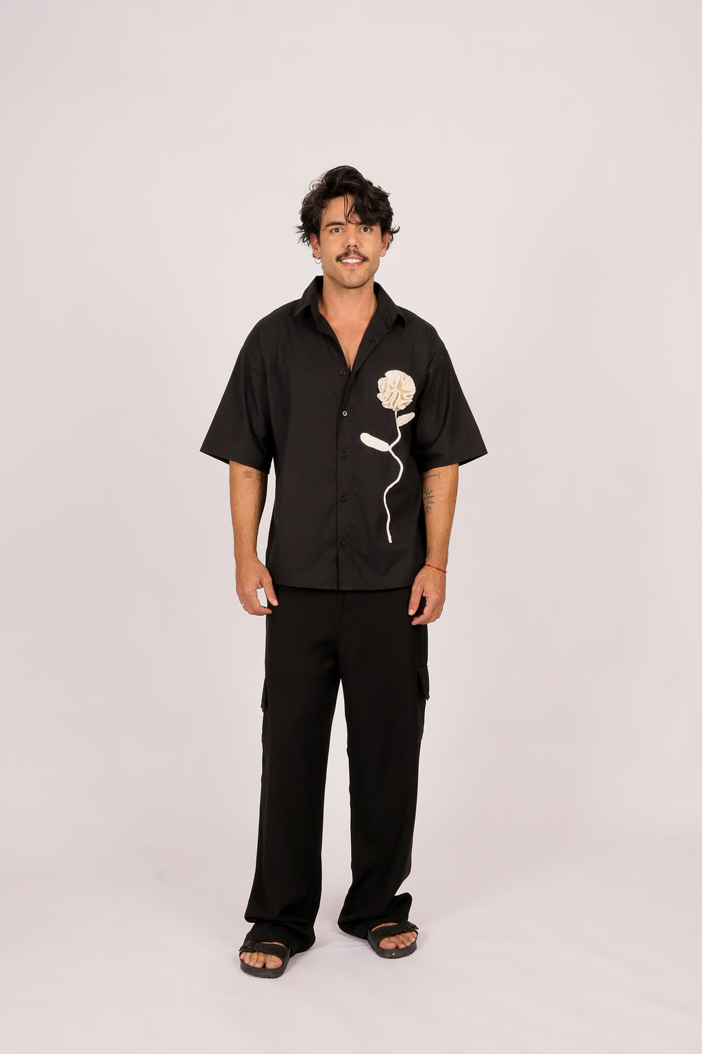 Camisa Linho Rosa Crochê Preta