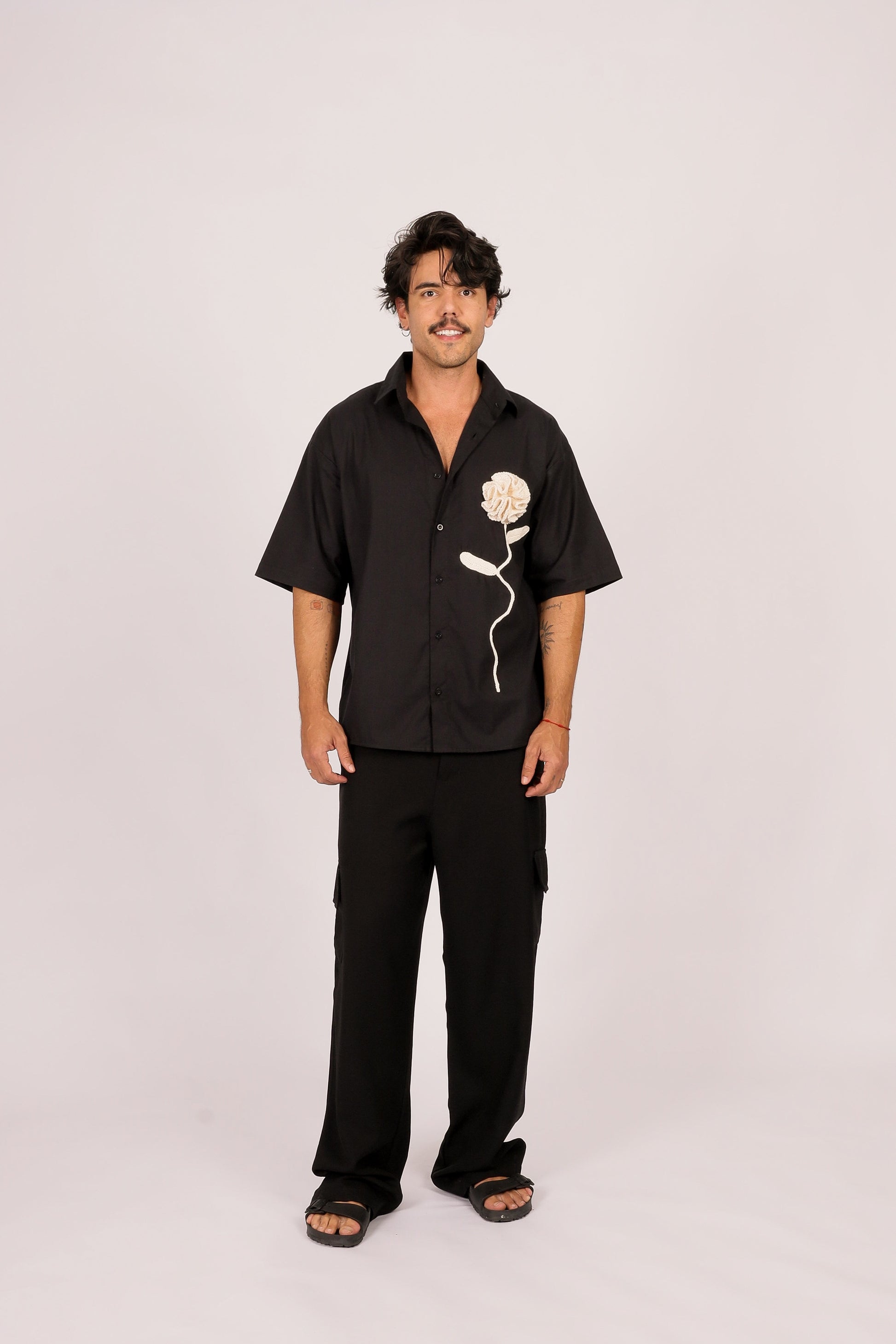 Camisa Linho Rosa Crochê Preta