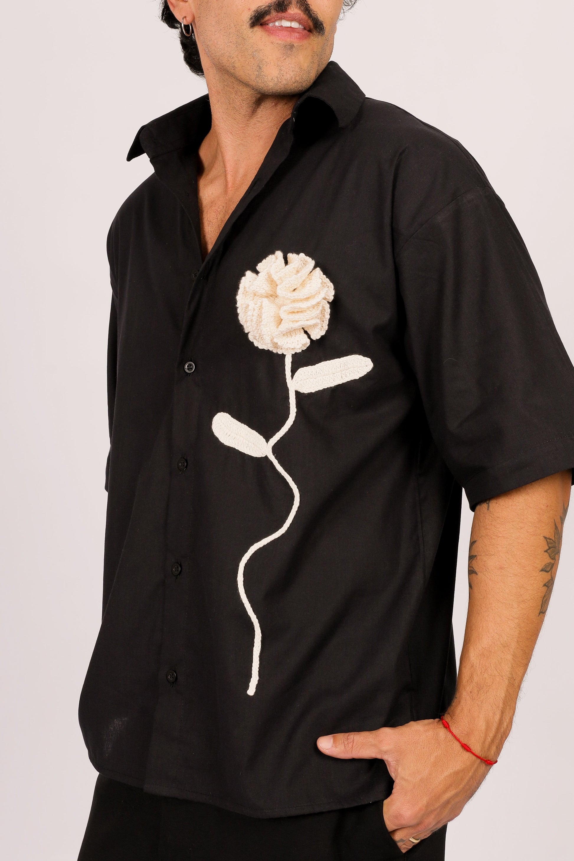 Camisa Linho Rosa Crochê Preta