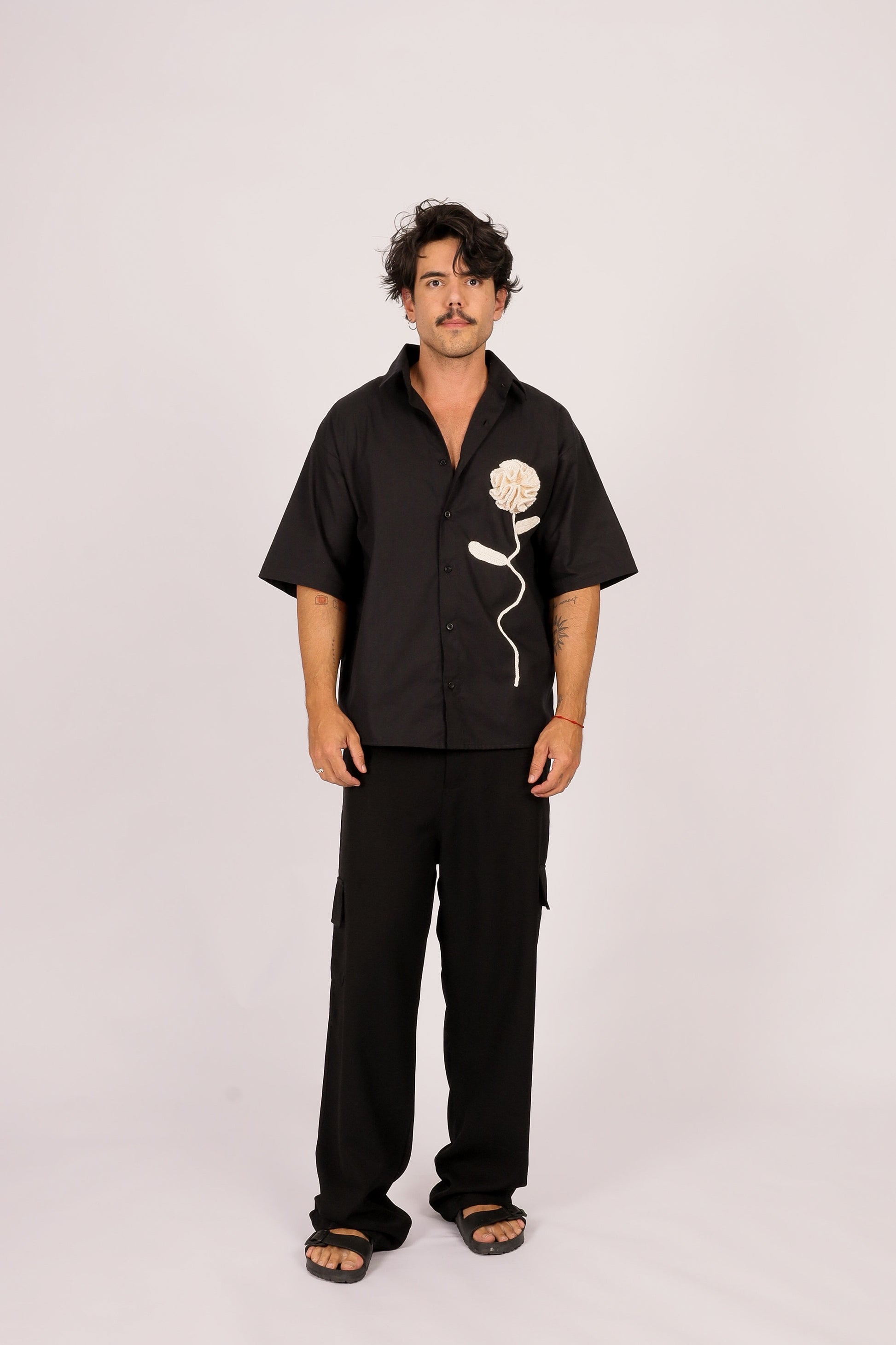 Camisa Linho Rosa Crochê Preta