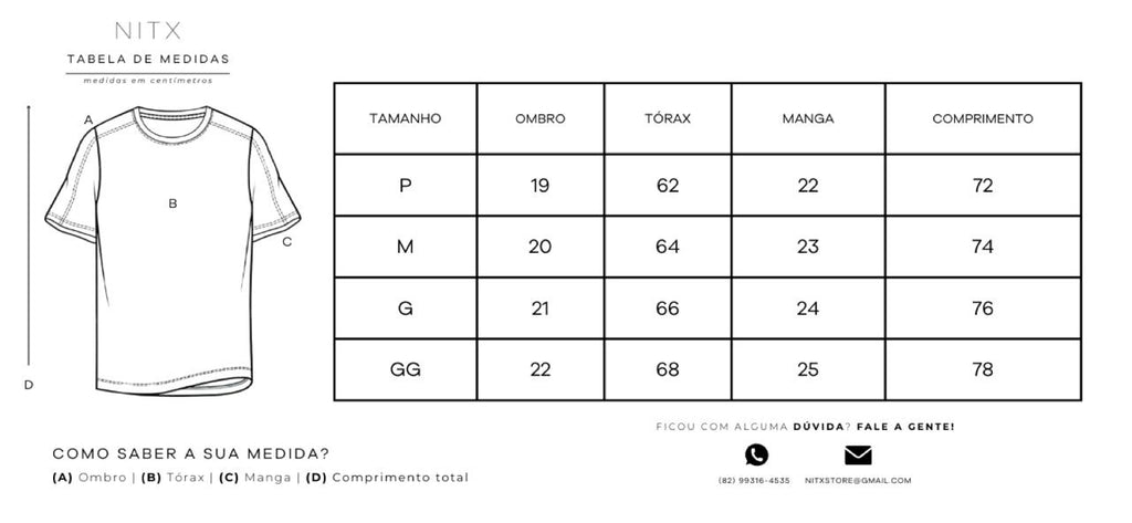 Tabela de medidas T Shirt Over Listras Vertical NITX (P, M, G, GG) em centímetros