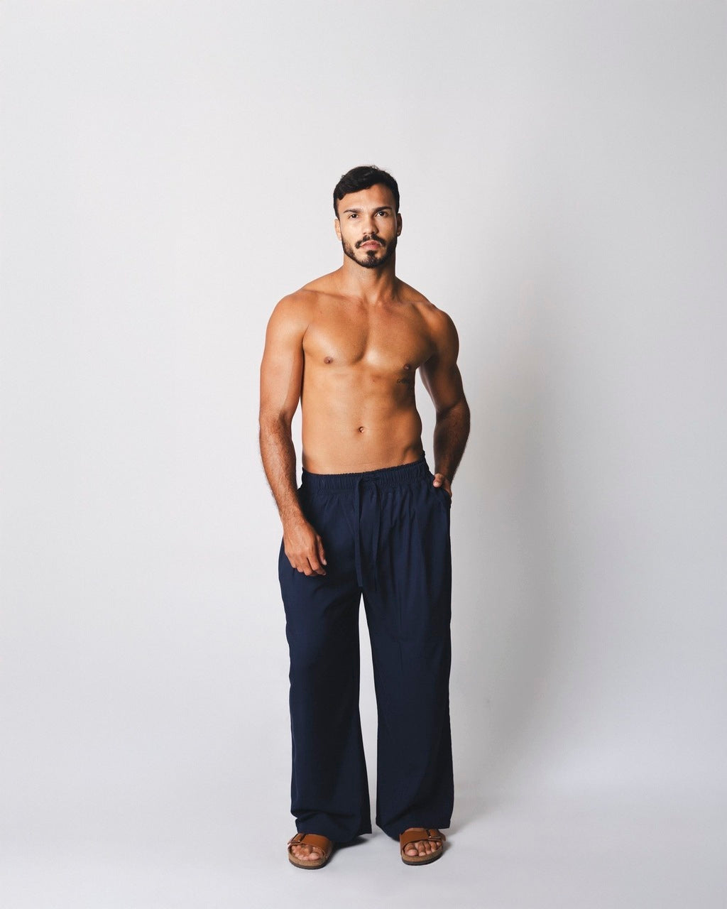 Calça Ampla Pregas Azul Marinho