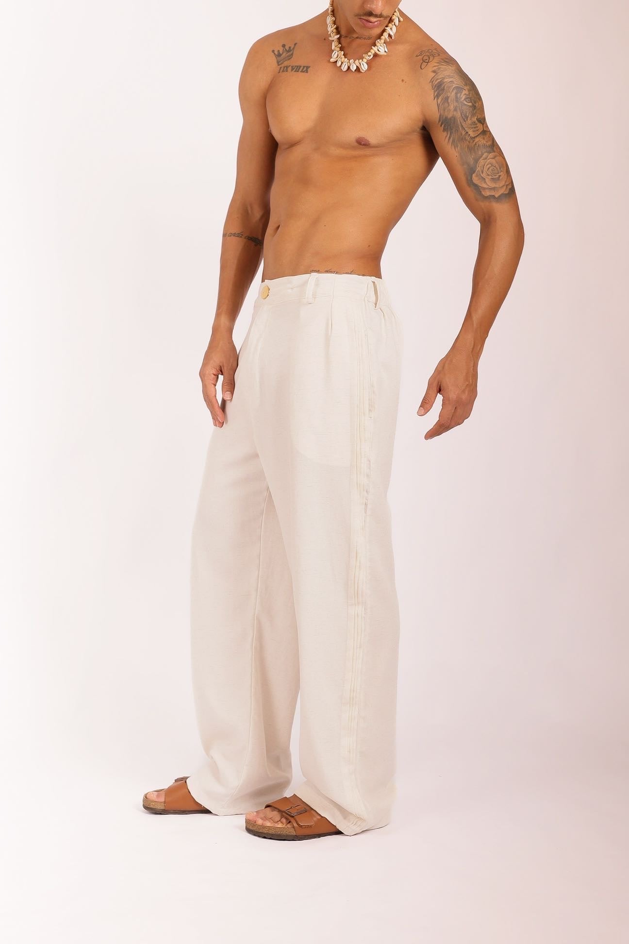 Calça Linho com Pregas Laterais Natural