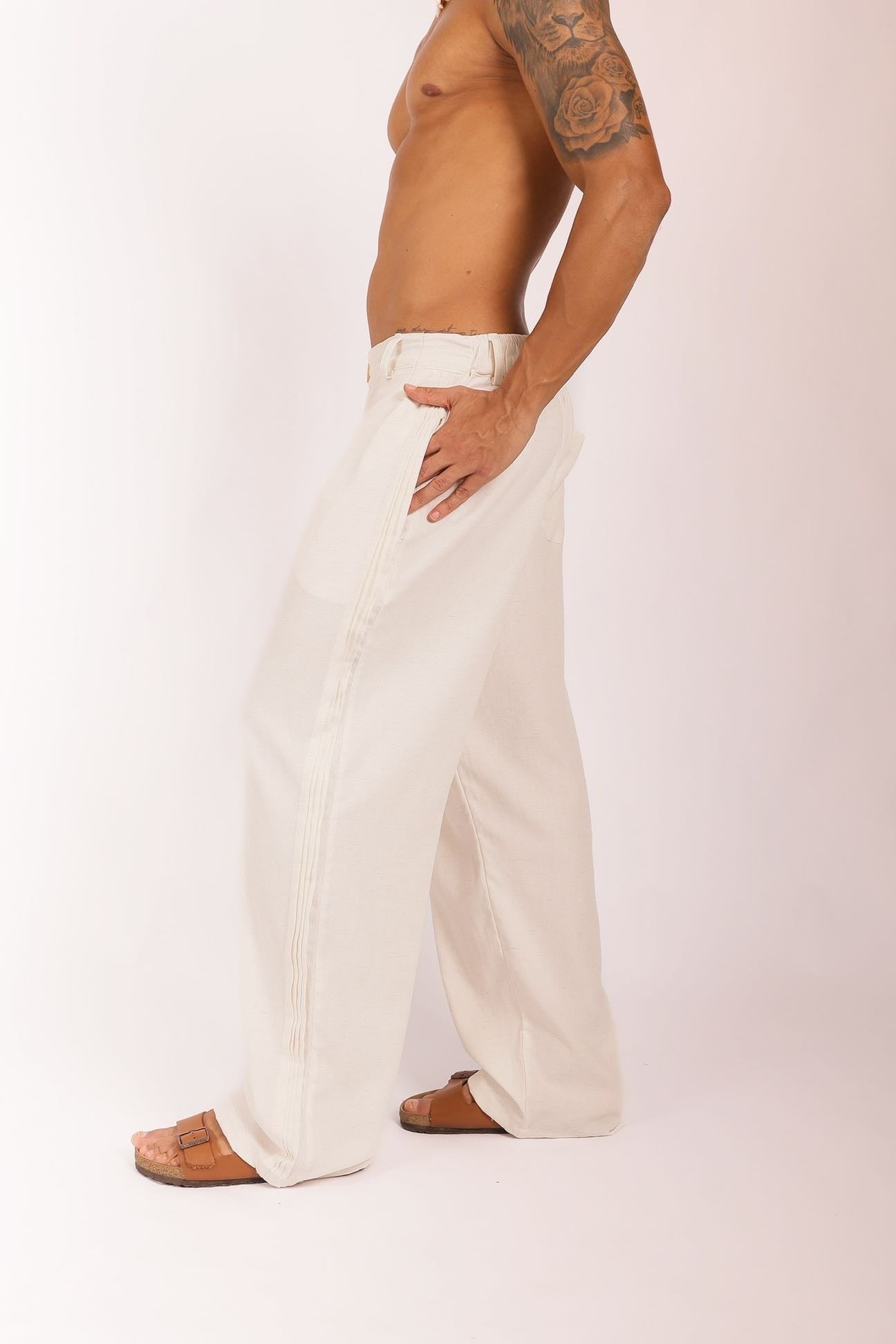 Calça Linho com Pregas Laterais Natural