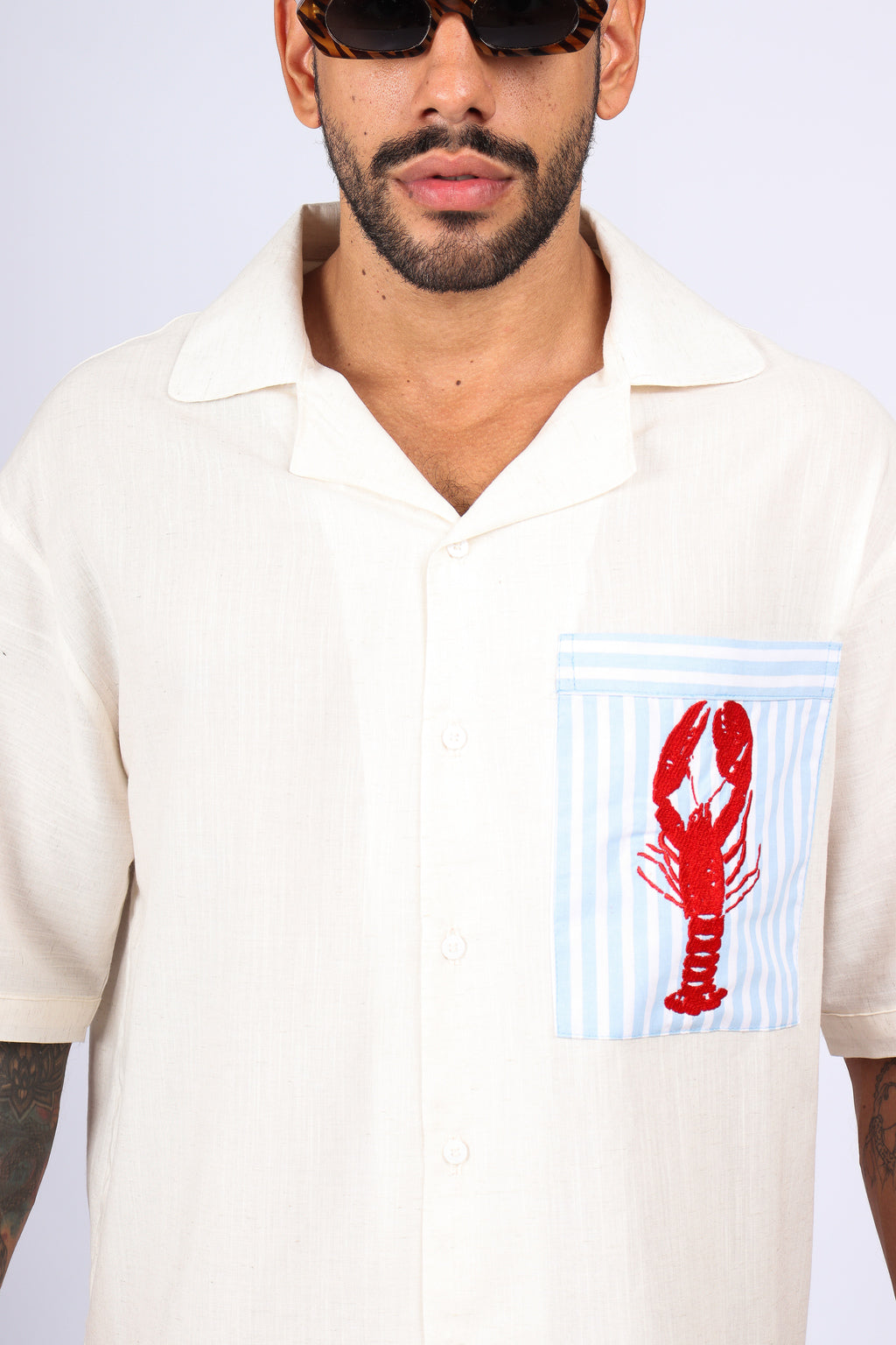 Camisa Linho Bolso Lagosta Bordado Off White