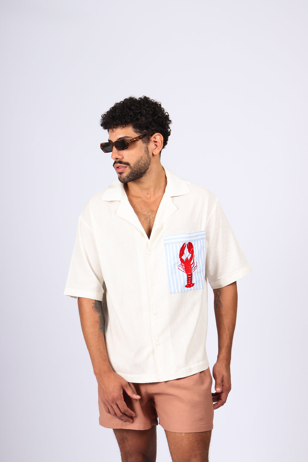 Camisa Linho Bolso Lagosta Bordado Off White