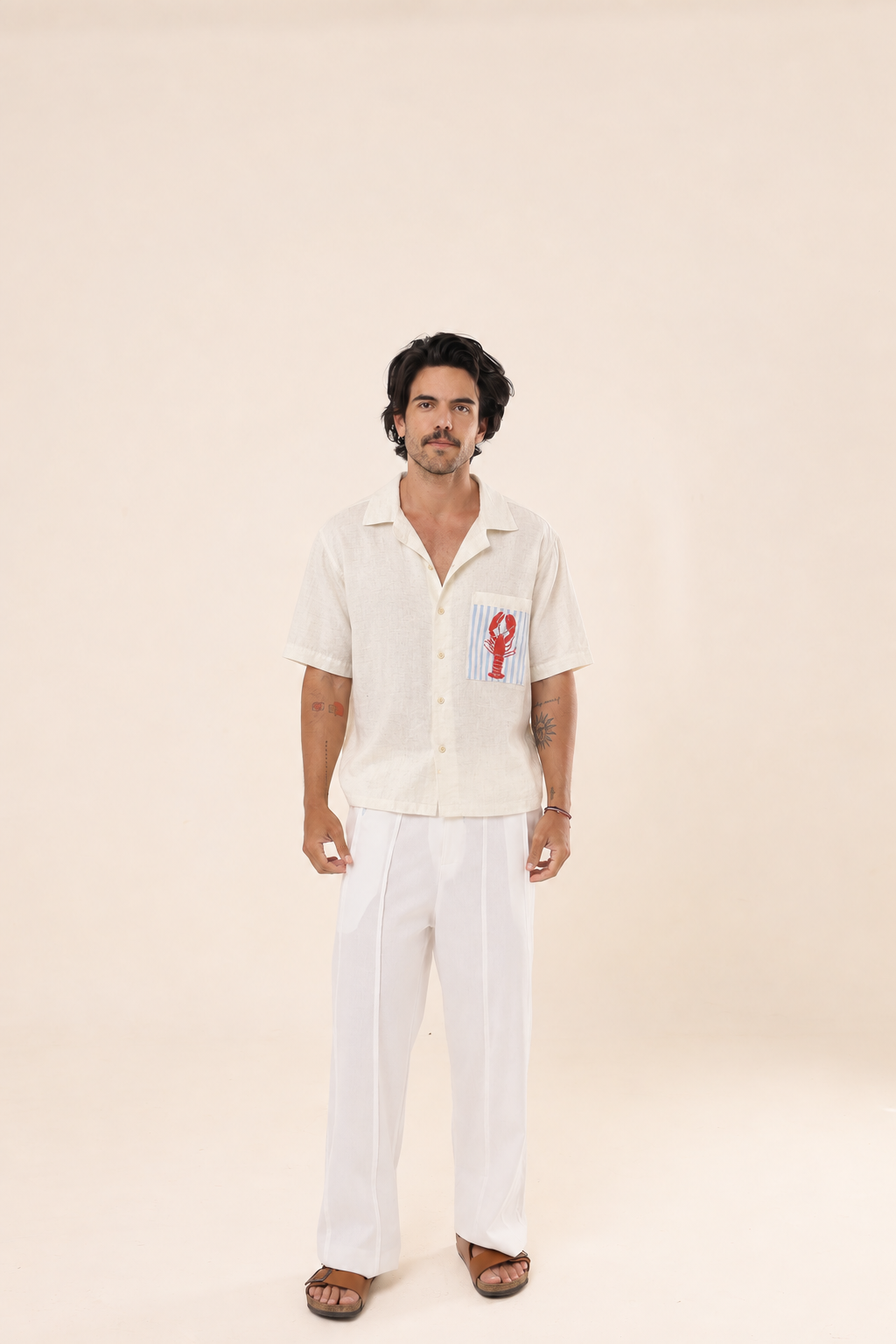 Camisa Linho Lagosta Bordada NITX Natural vista frontal