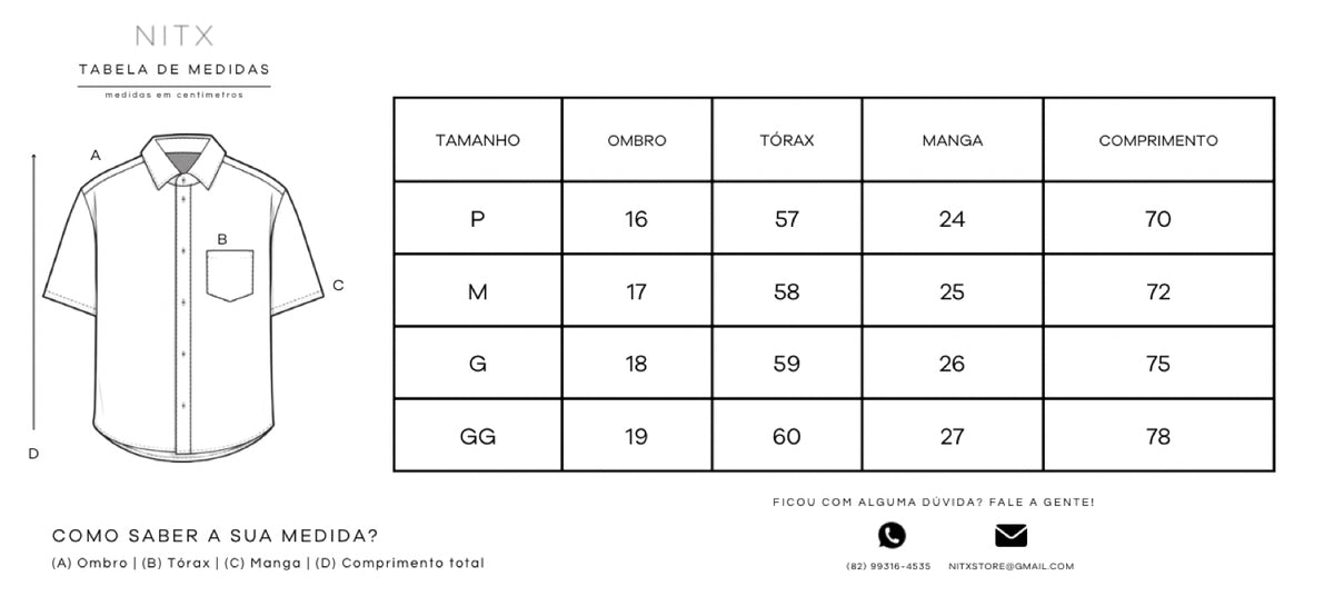 Tabela de medidas Camisa Linho Lagosta Bordada NITX em centímetros - P, M, G, GG