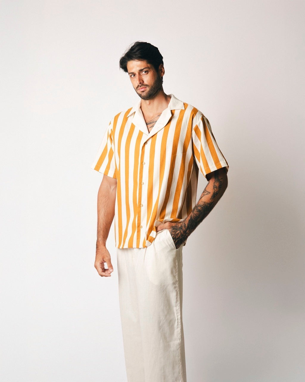 Camisa Linho Listras Amarela