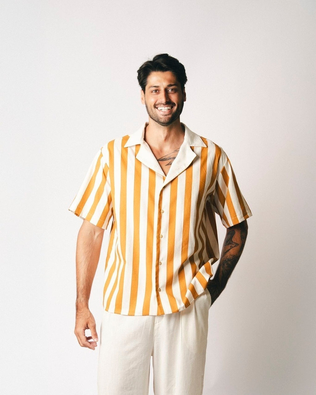 Camisa Linho Listras Amarela