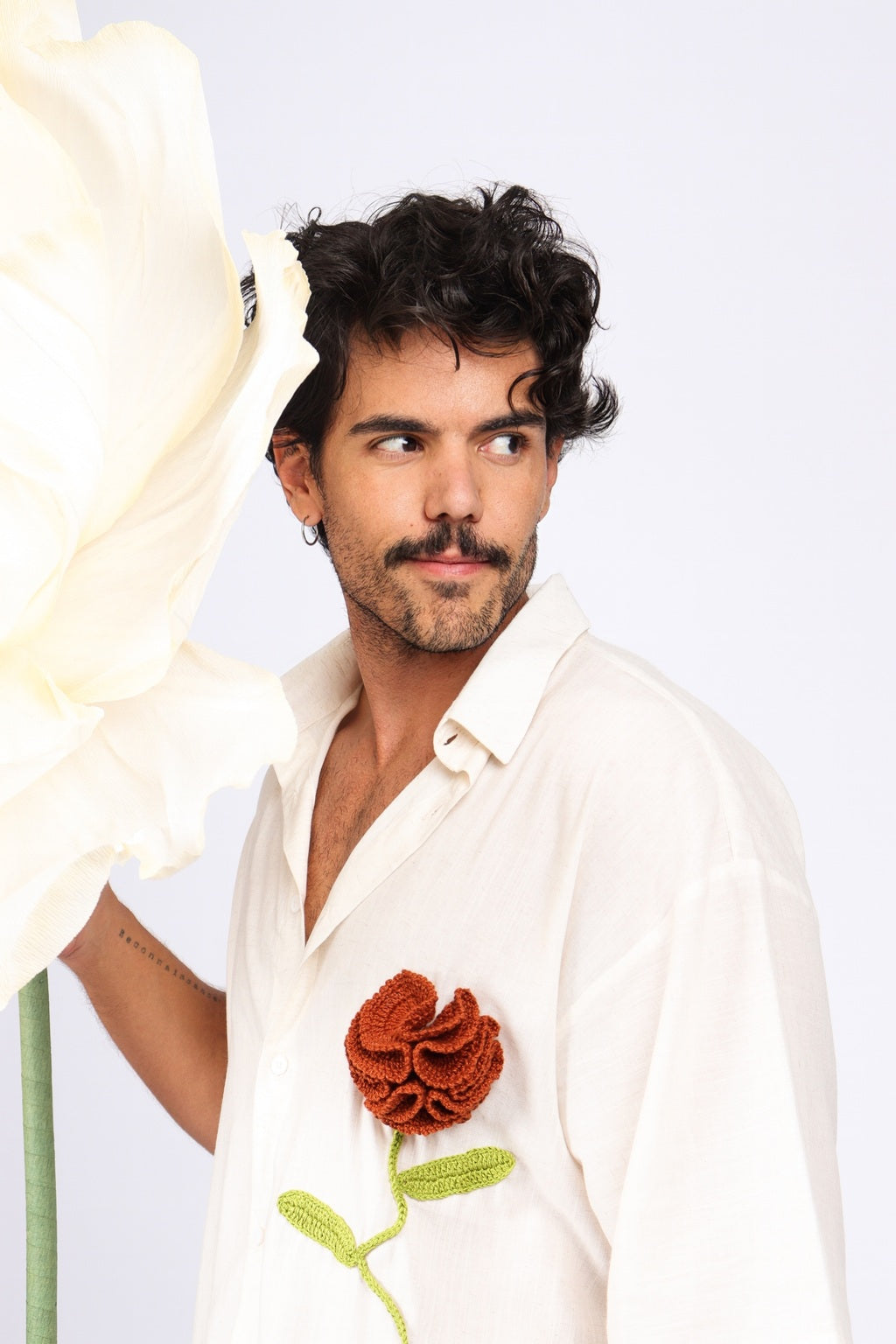 Camisa Linho Rosa Crochê Off White