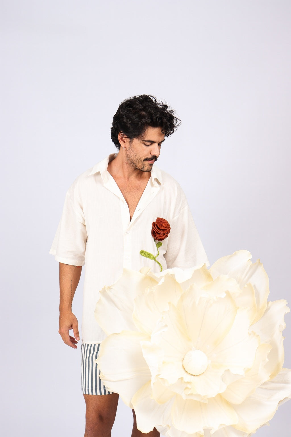 Camisa Linho Rosa Crochê Off White