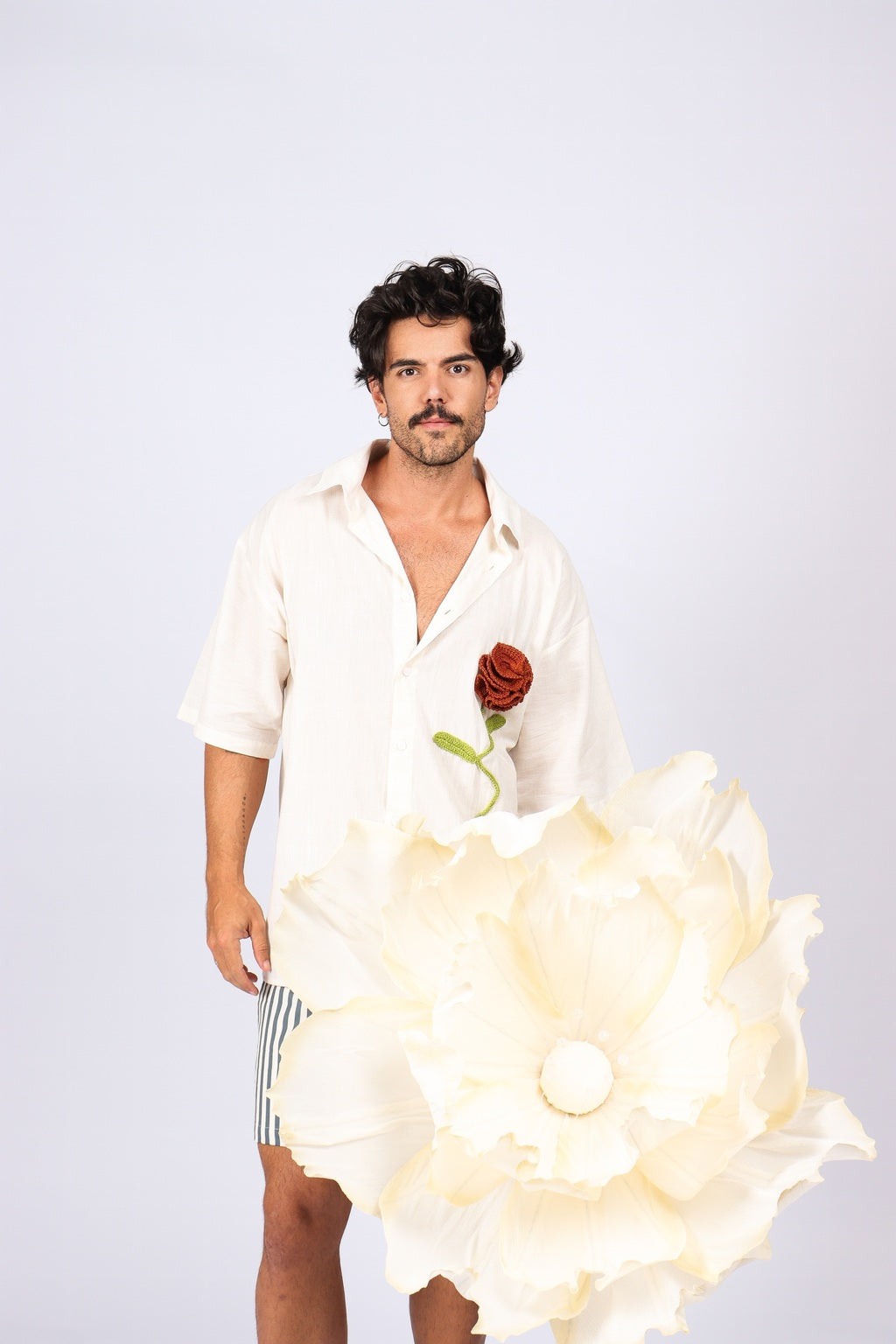 Camisa Linho Rosa Crochê Off White