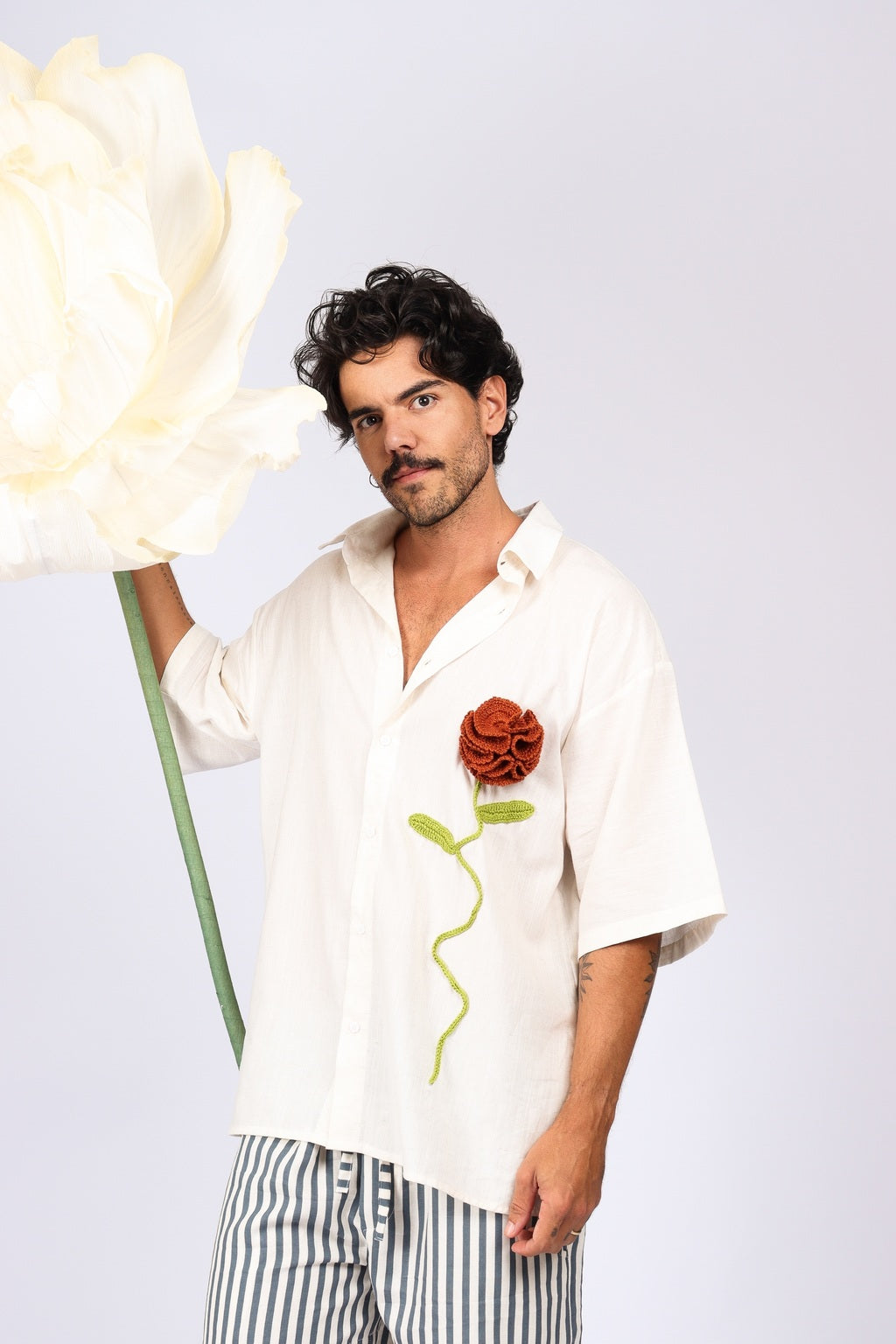 Camisa Linho Rosa Crochê Off White