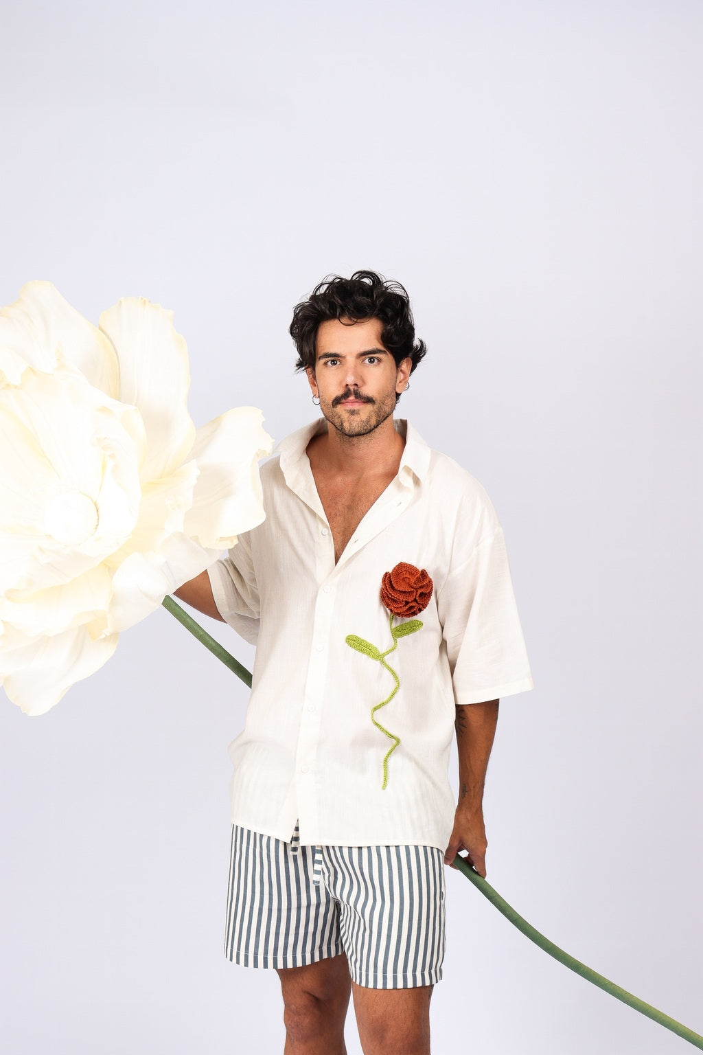 Camisa Linho Rosa Crochê Off White