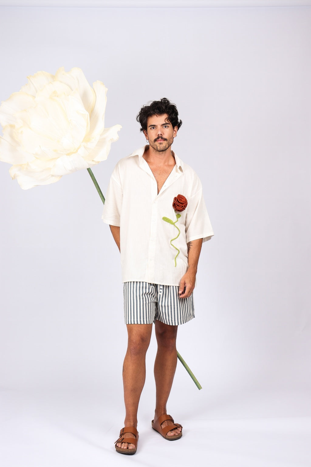 Camisa Linho Rosa Crochê Off White