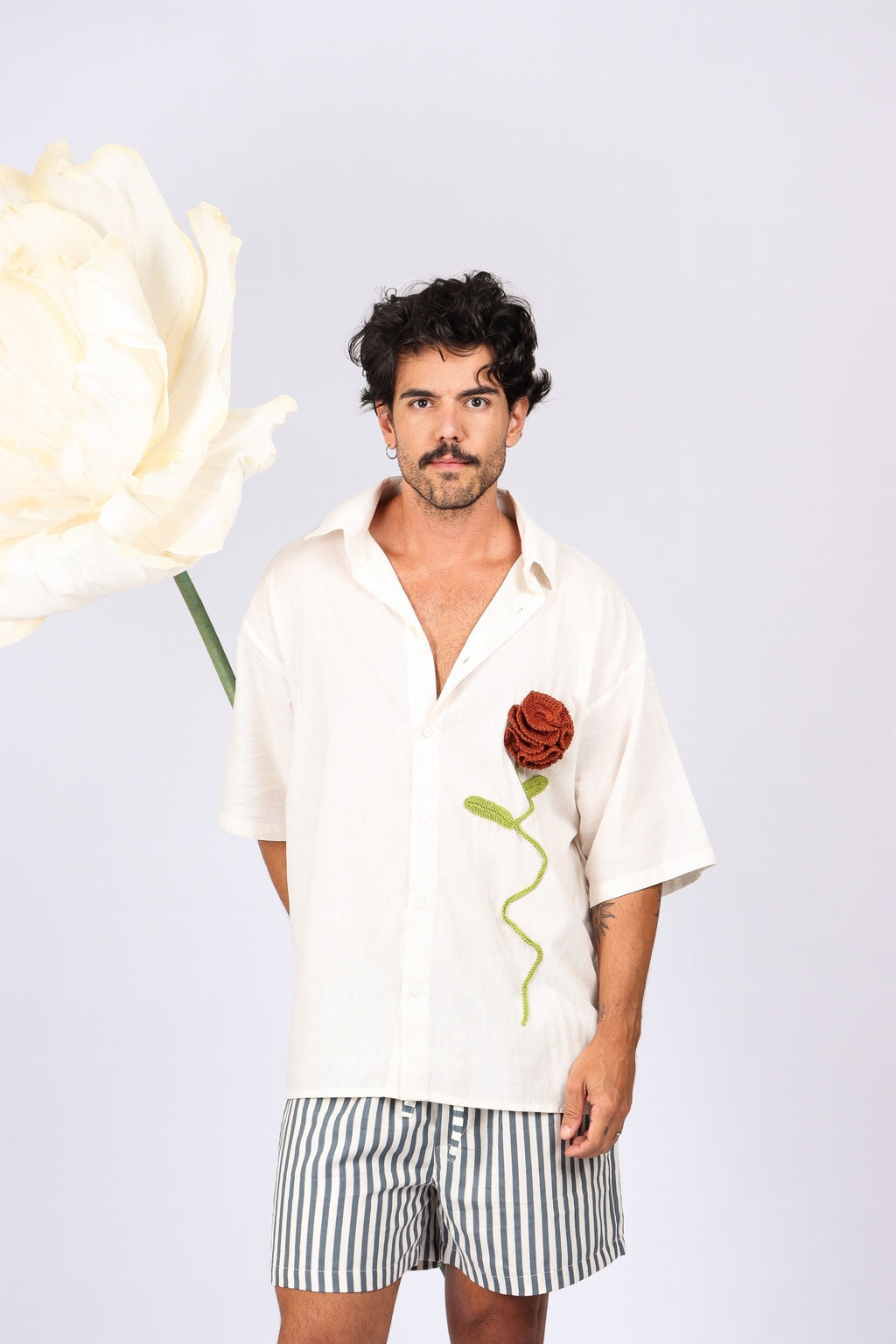 Camisa Linho Rosa Crochê Off White