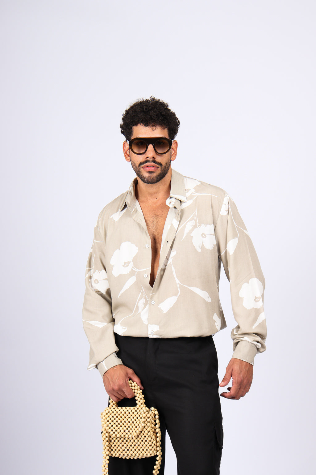 Camisa Manga Longa Flores Cinza