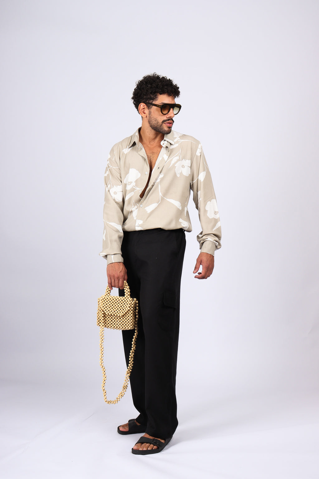 Camisa Manga Longa Flores Cinza