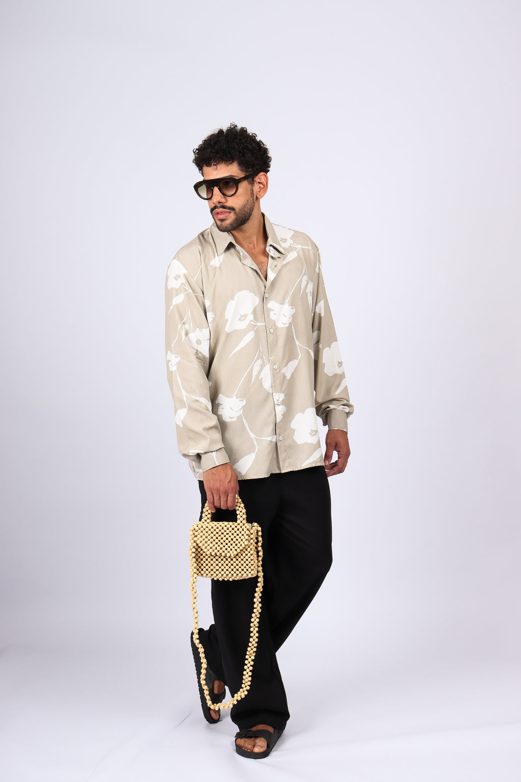 Camisa Manga Longa Flores Cinza