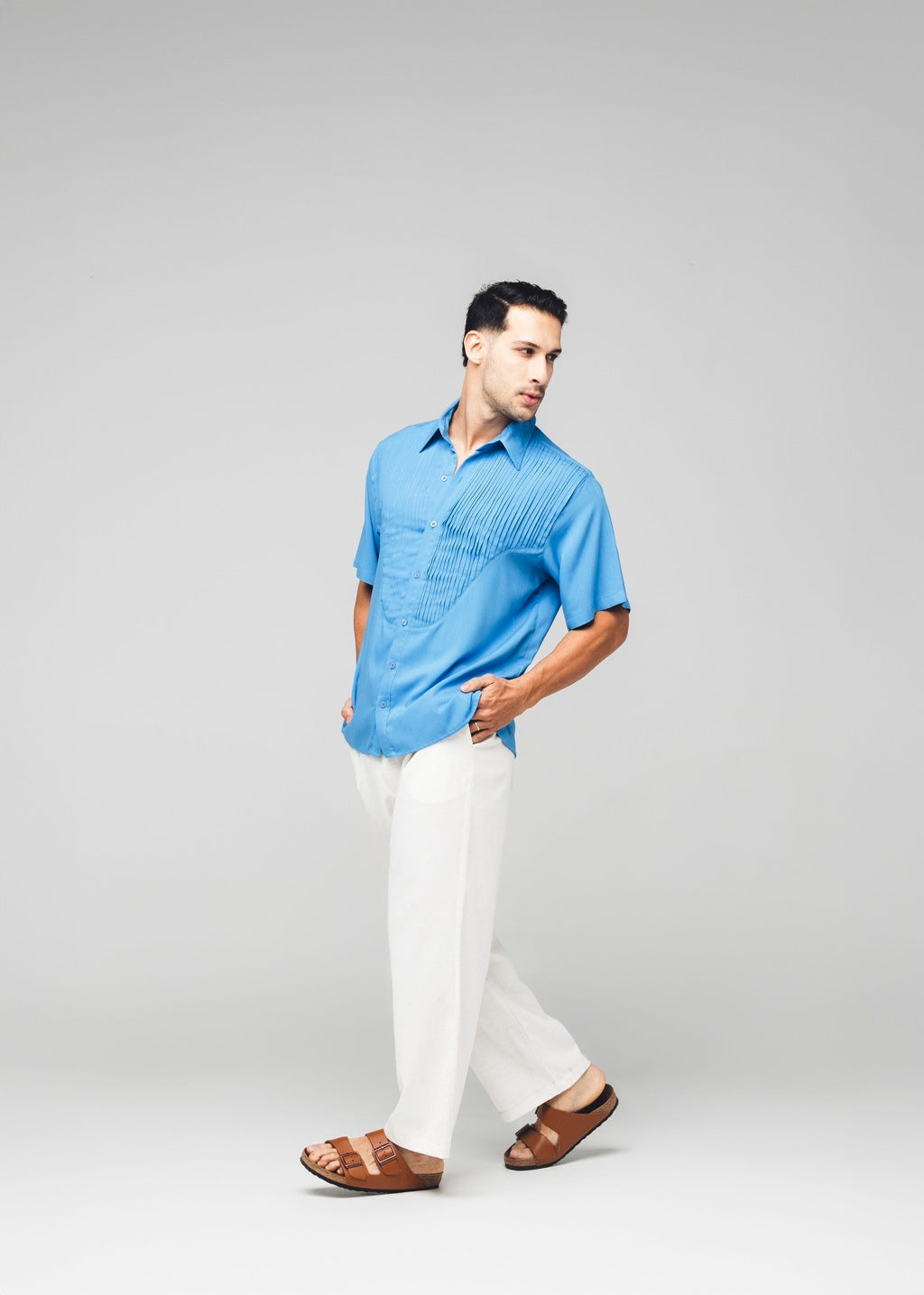 Camisa Plissada Viscose Azul