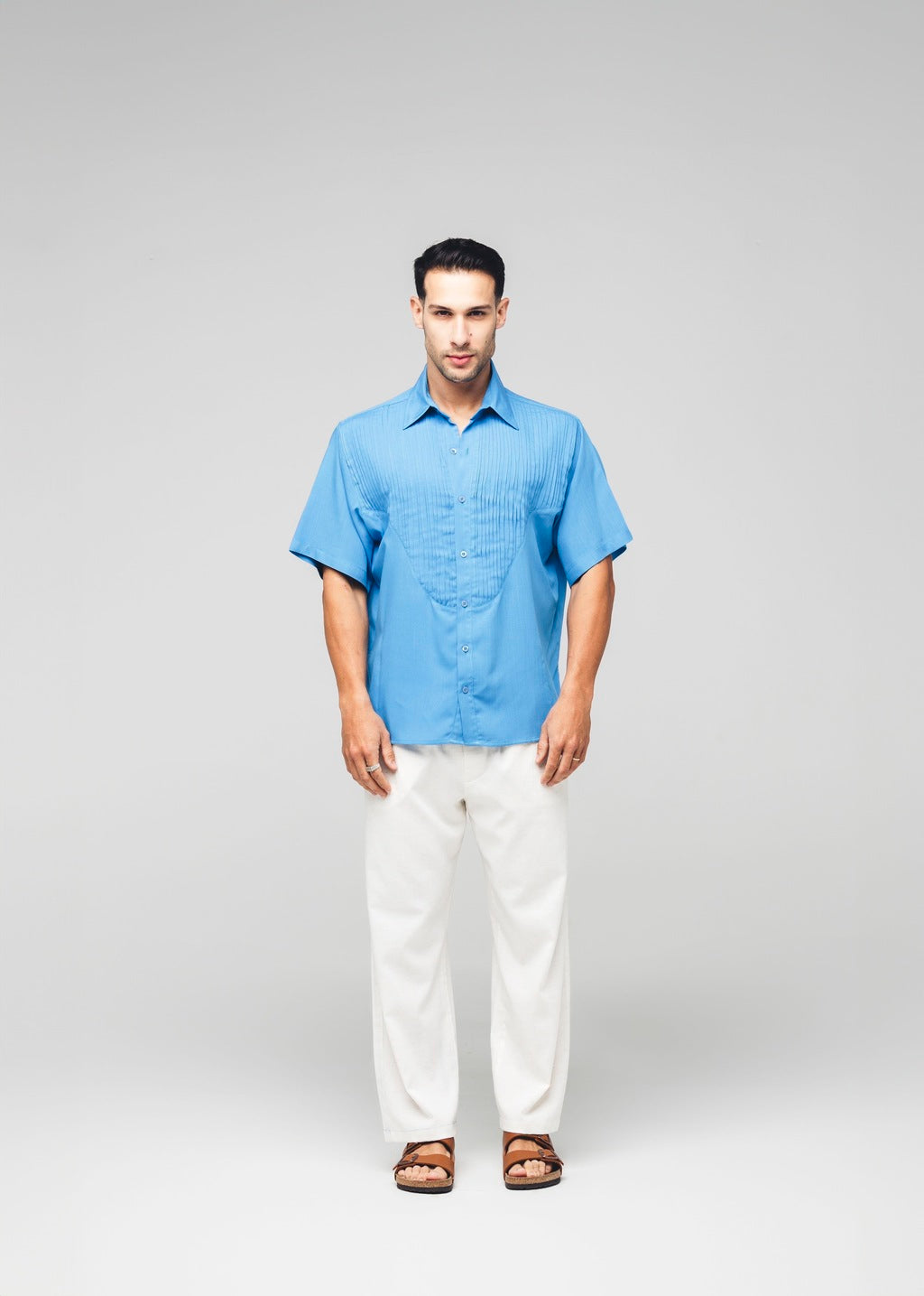 Camisa Plissada Viscose Azul