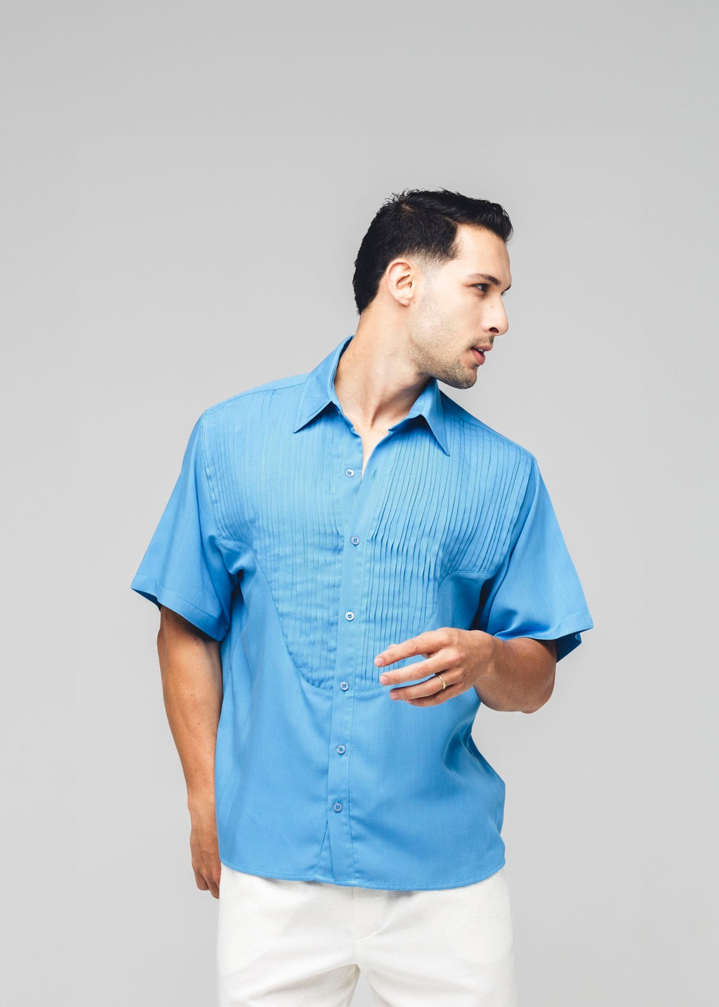 Camisa Plissada Viscose Azul