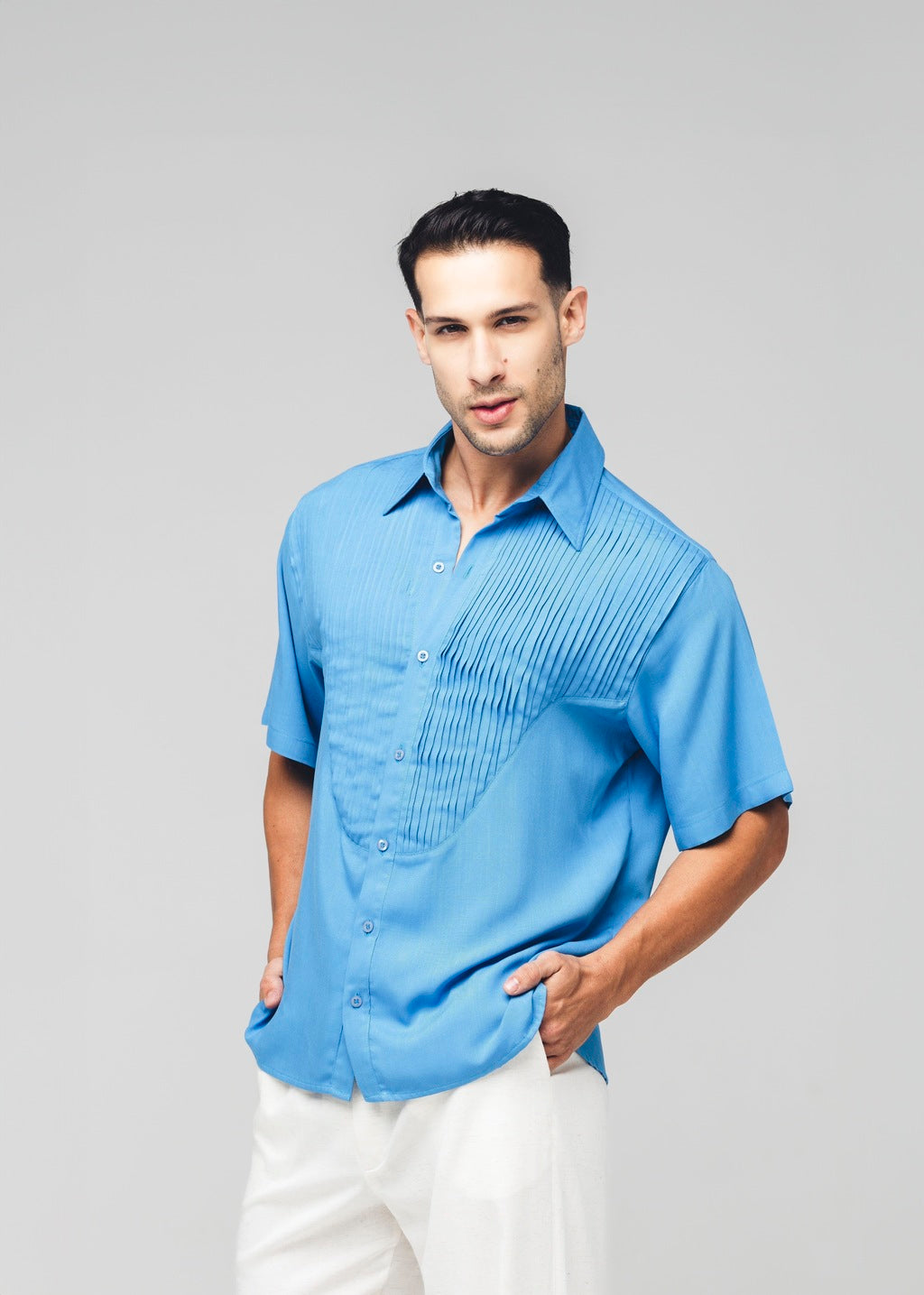 Camisa Plissada Viscose Azul
