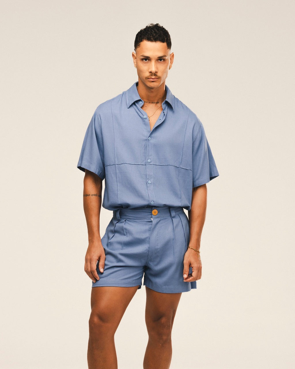 Camisa Recorte Linho Azul