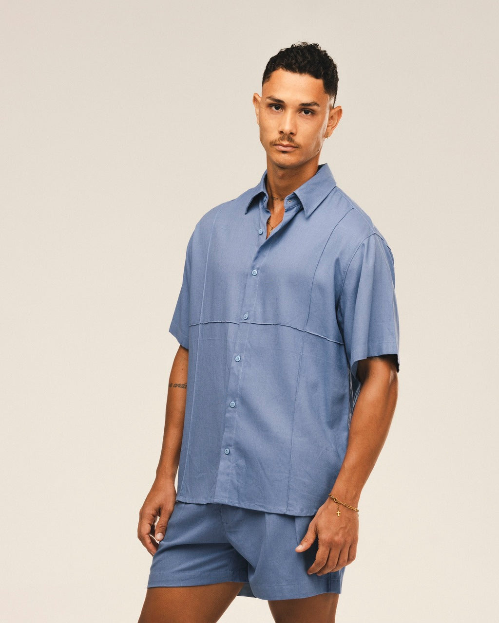 Camisa Recorte Linho Azul