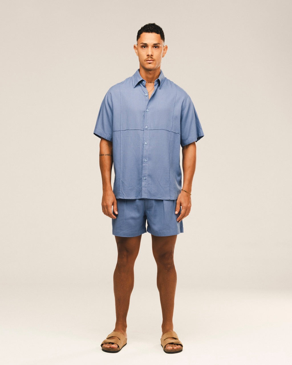 Camisa Recorte Linho Azul