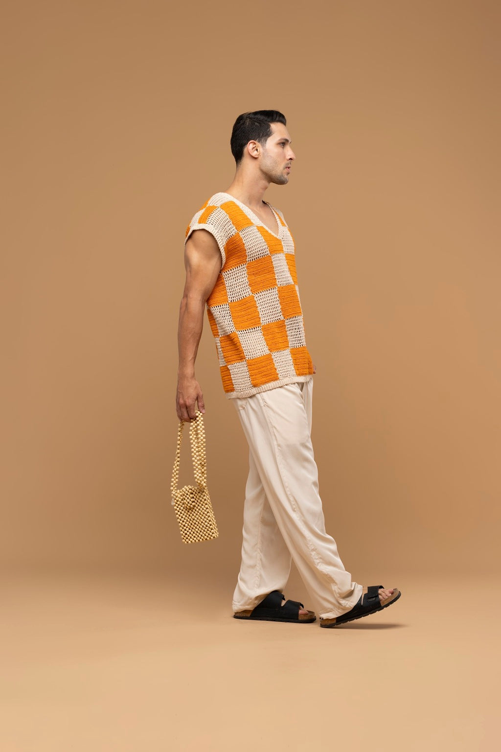 Camisa Regata Crochê Xadrez Laranja