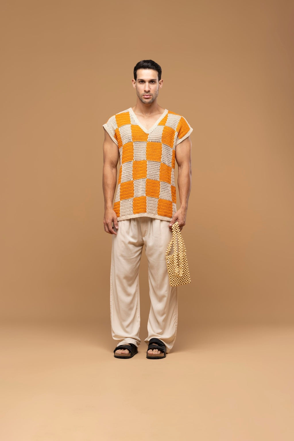 Camisa Regata Crochê Xadrez Laranja