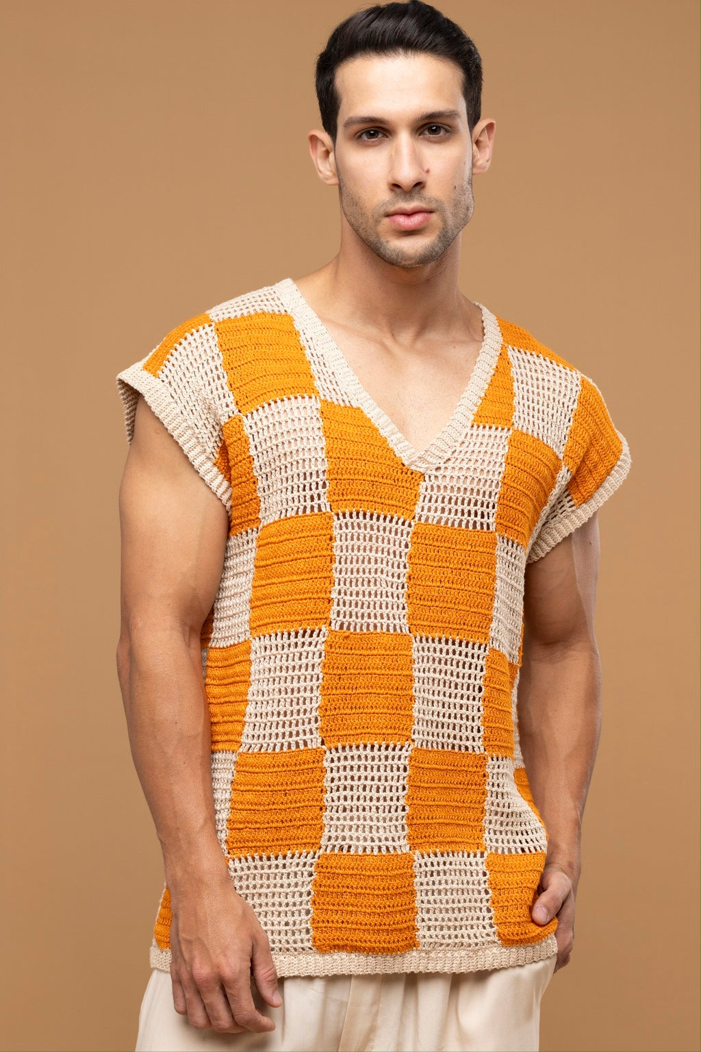 Camisa Regata Crochê Xadrez Laranja