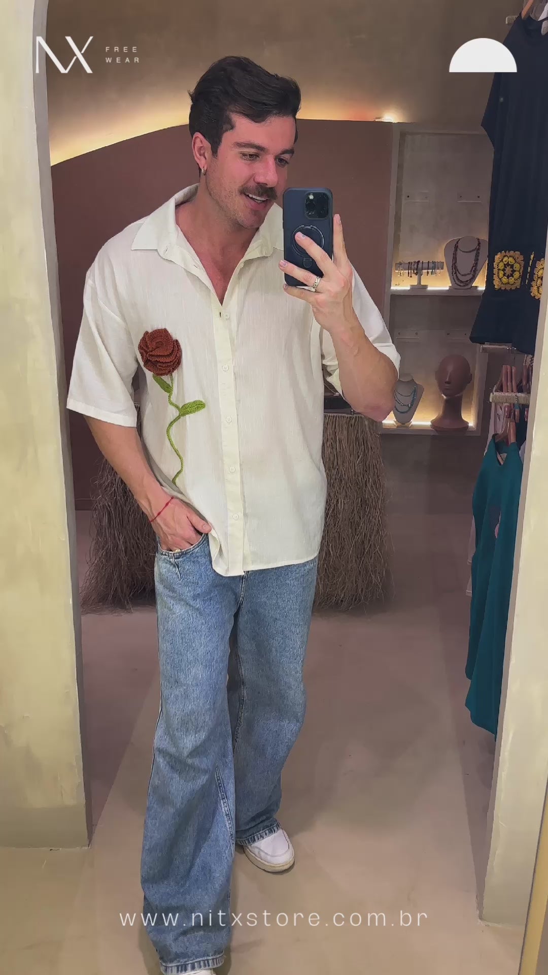Camisa Linho Rosa Crochê Off White
