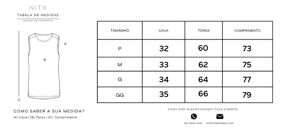 Tabela de medidas Regata Over Algodao Bolso Croche NITX - P, M, G, GG