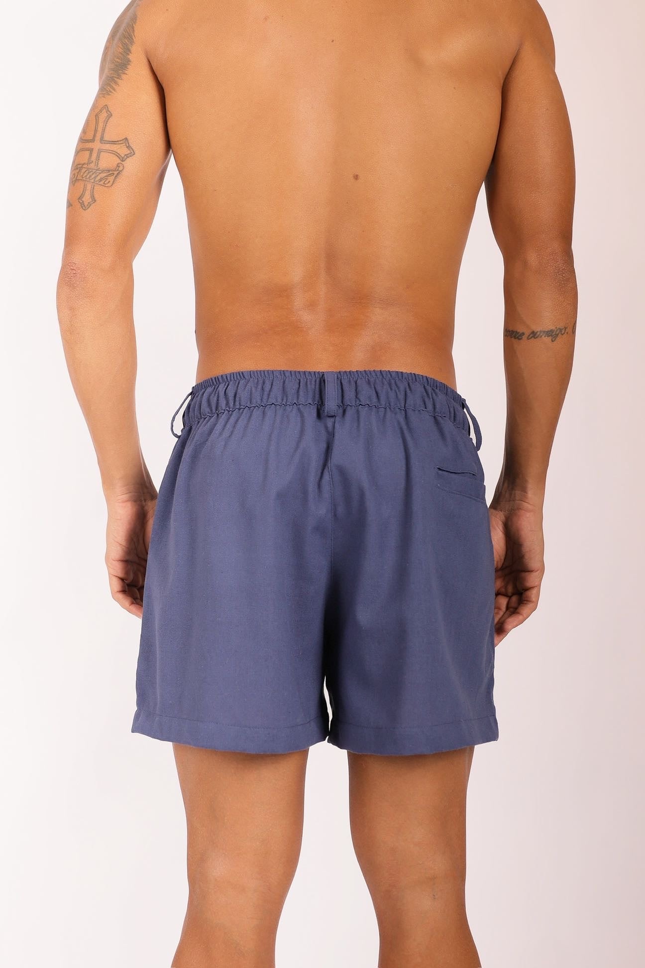 Short Linho Pregas Azul