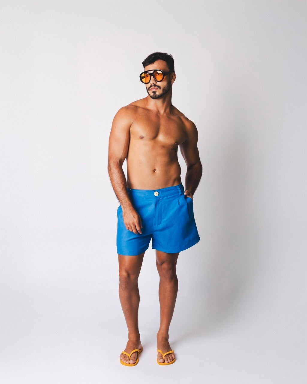 Short Linho Pregas Azul