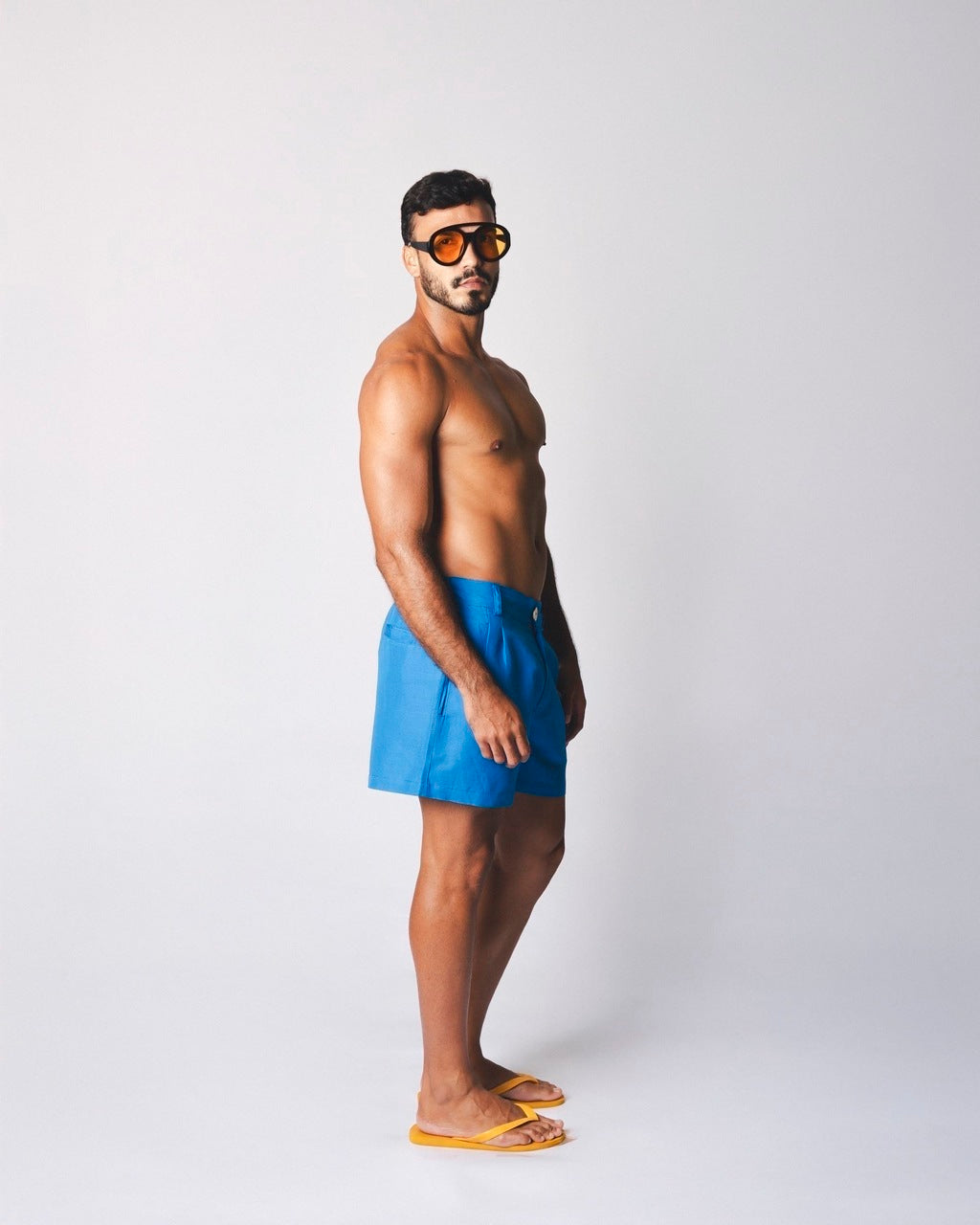 Short Linho Pregas Azul