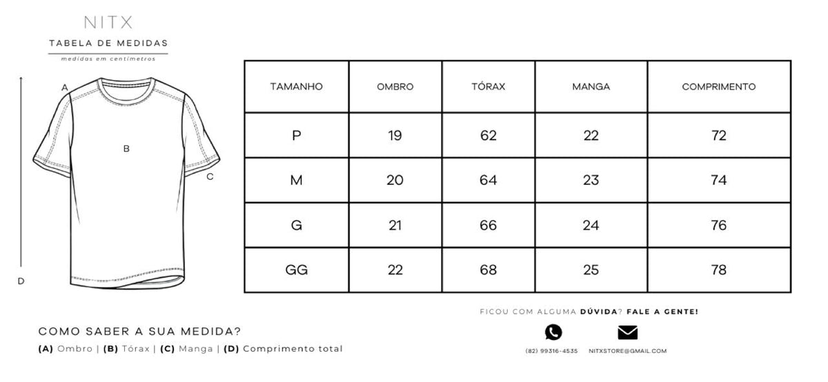 Tabela de medidas T Shirt Over Sol Sagrado NITX tamanhos P M G GG